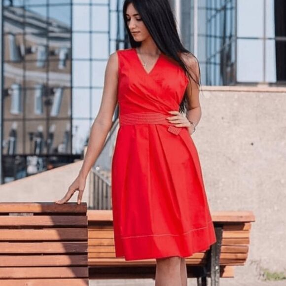 Adolfo Dominguez Red Belted Sleeveless Dress Size 8 - Picture 1 of 12
